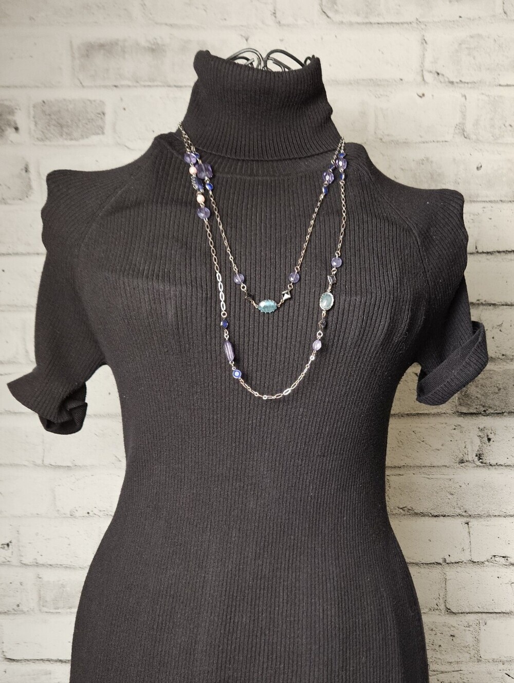 Silver Tone Multistrand Beaded Necklace Purple Blue Statement Jewelry